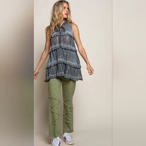 POL Charcoal Gray Ruffled Tiered Crochet Mini Dress Or Oversized Shirt